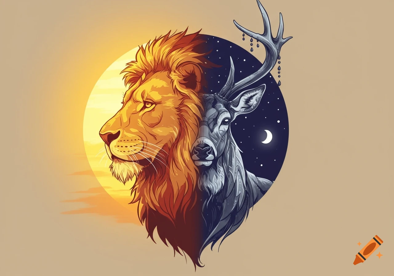 Stylized line art of a split image: a golden lion's head with a sun, merging into a gray deer's head with a night sky and moon.
