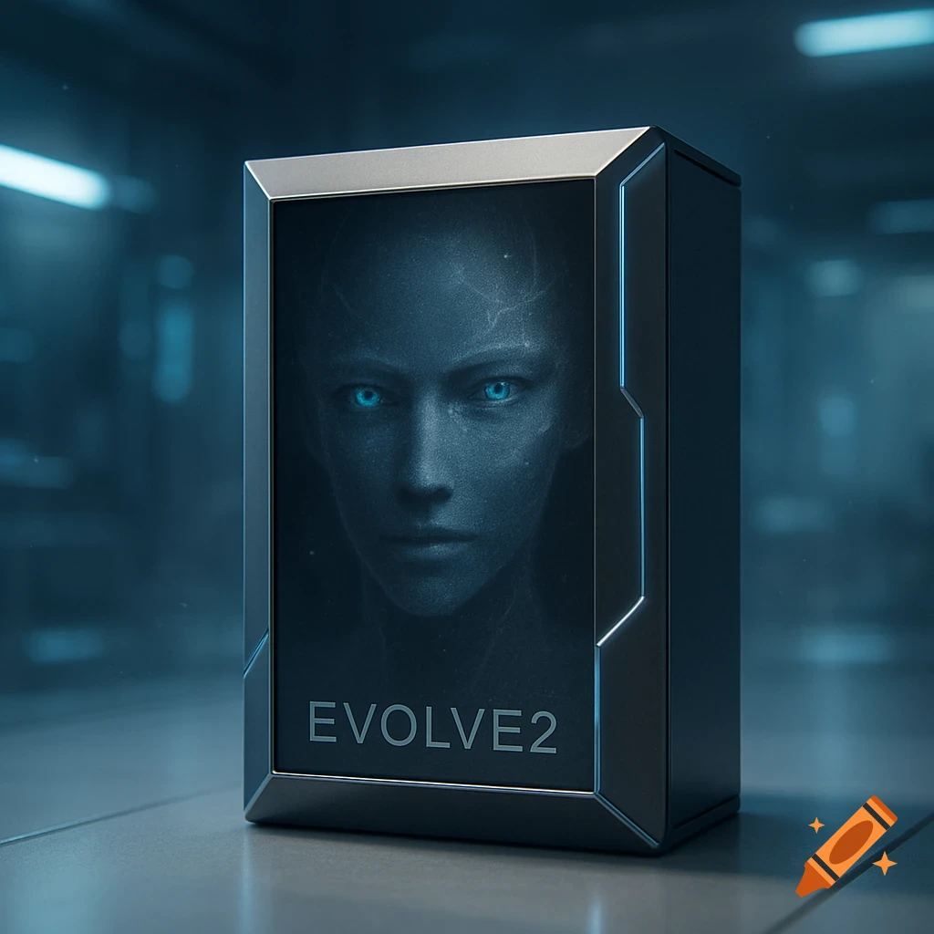 A dark, futuristic metallic box with a glowing blue-eyed cybernetic face on a screen, and text 'EVOLVE2'.