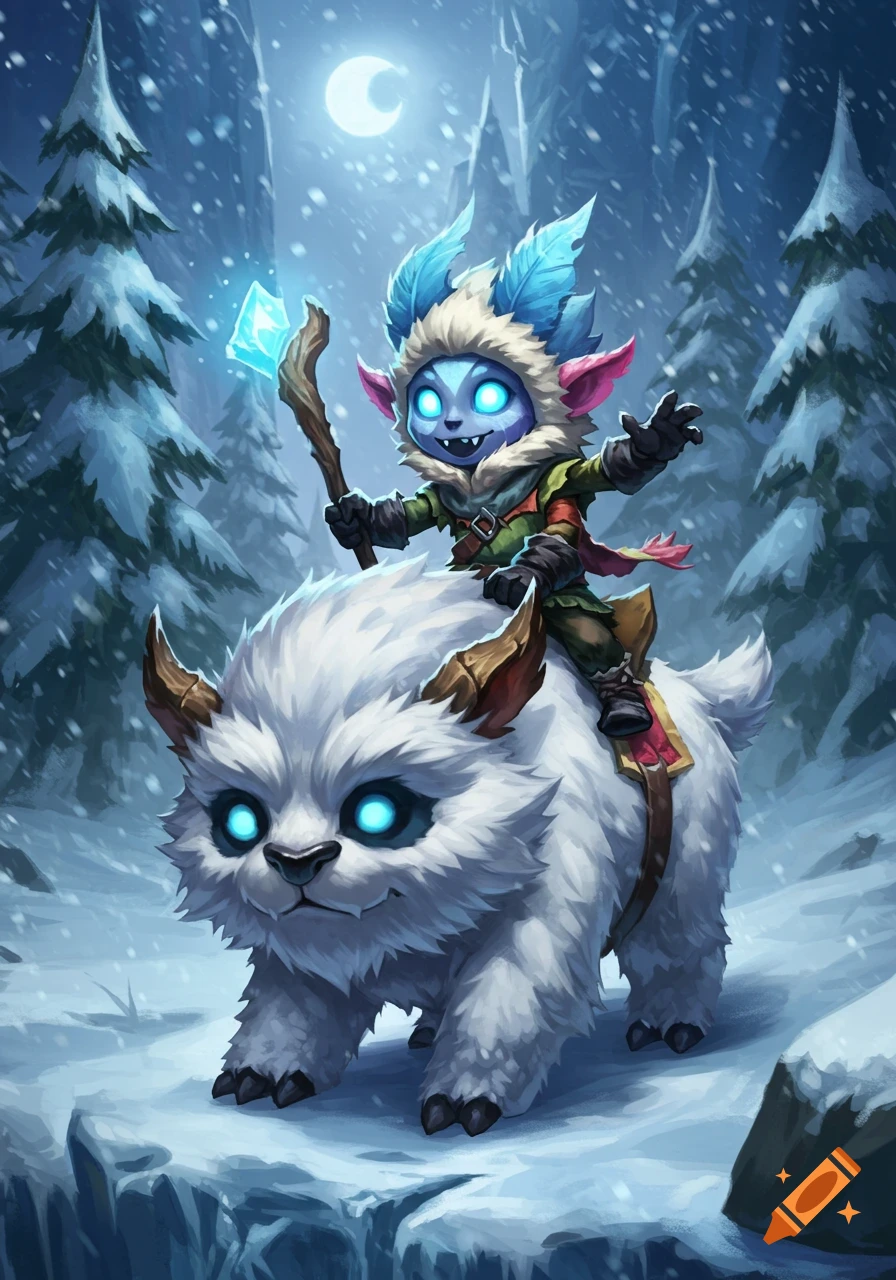A small, blue creature with glowing eyes rides a white yeti in a snowy forest, holding a staff, in a fantasy art style.