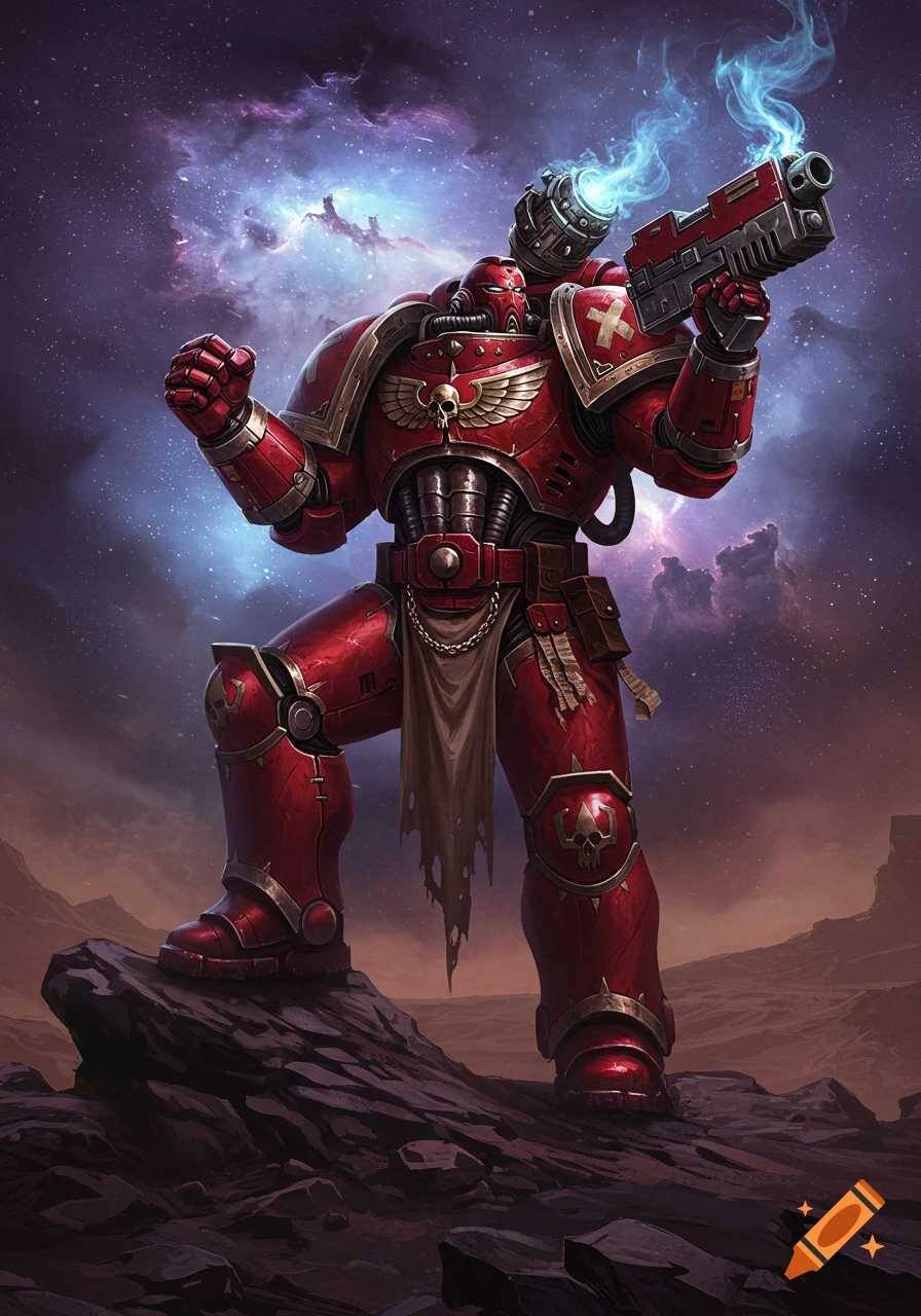 A red armored space marine stands on a rocky alien planet, holding a smoking plasma gun against a cosmic background.