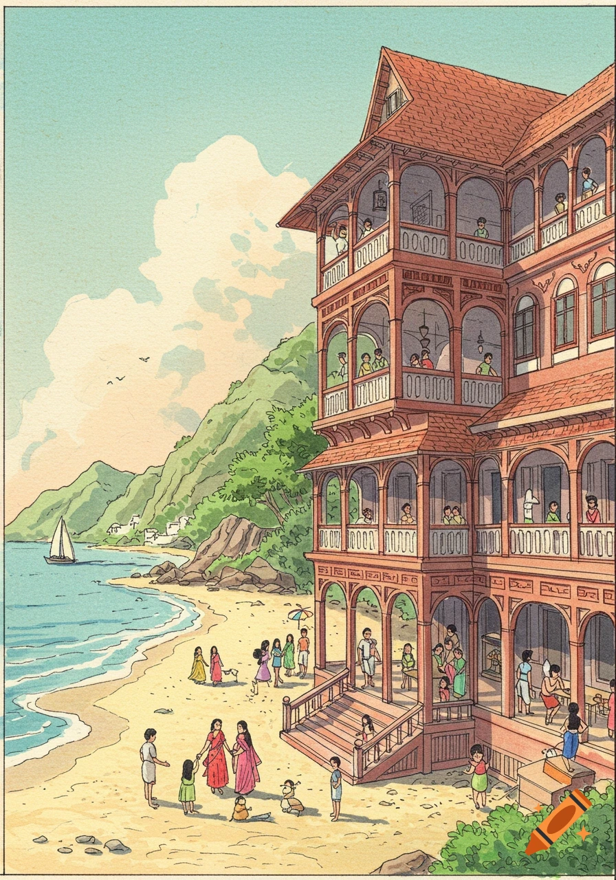 A colorful cartoon illustration of a multi-story Chettiar-style mansion on a sunny beach with mountains in the background, bustling with people inside and out.