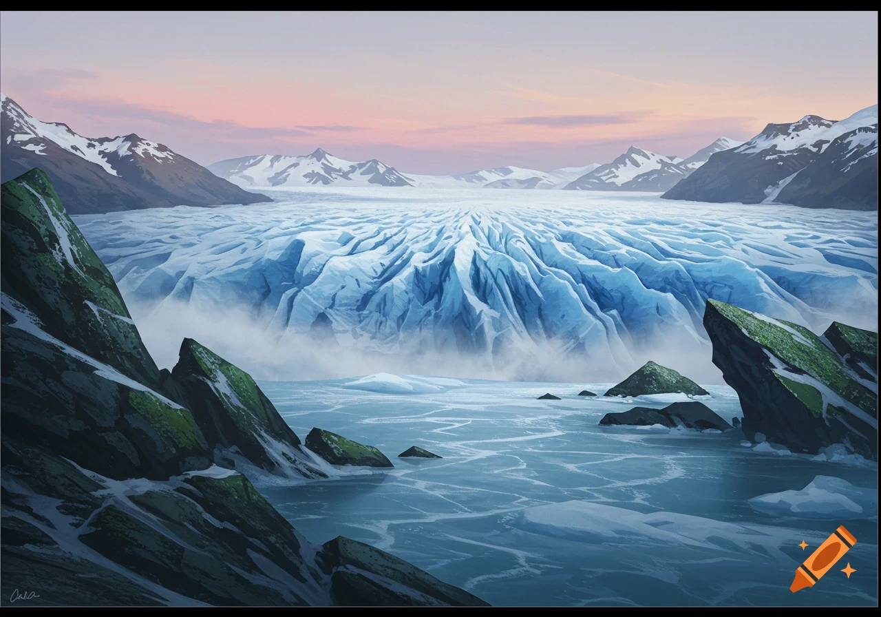 Vast blue glacier with rocky peaks, an icy lake, and a pink-hued sky.