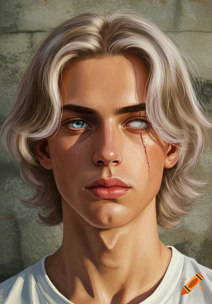 Digital painting of a young man with blonde hair, pale blue and cloudy white eyes, and a scar.