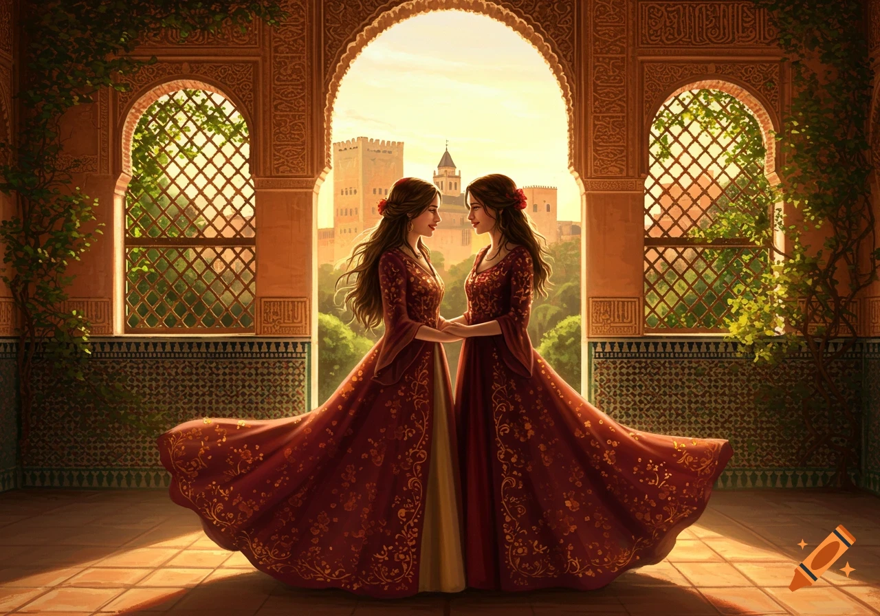 Two women in ornate red dresses hold hands, looking at each other romantically, within a grand Alhambra-inspired arched hall at sunset.