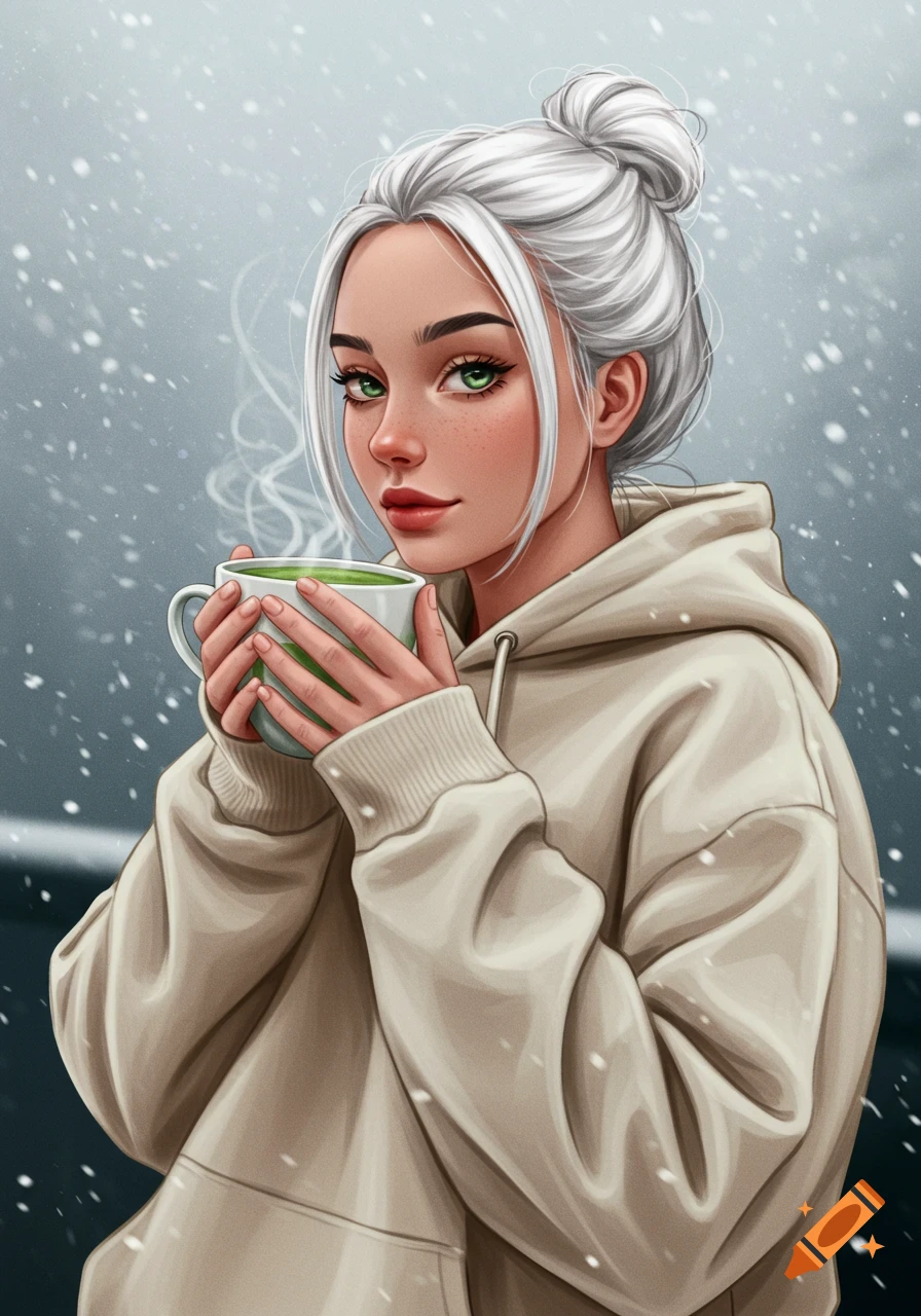 Stylized digital portrait of a woman with white hair and green eyes in a cream hoodie, holding matcha tea in the snow.