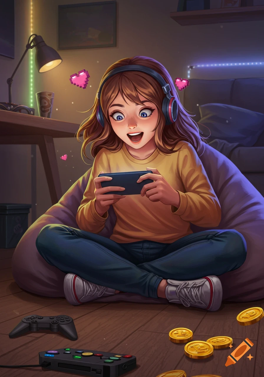 A smiling girl with headphones sits cross-legged on a beanbag chair, engrossed in a mobile game on her phone in a dimly lit room with gaming accessories.