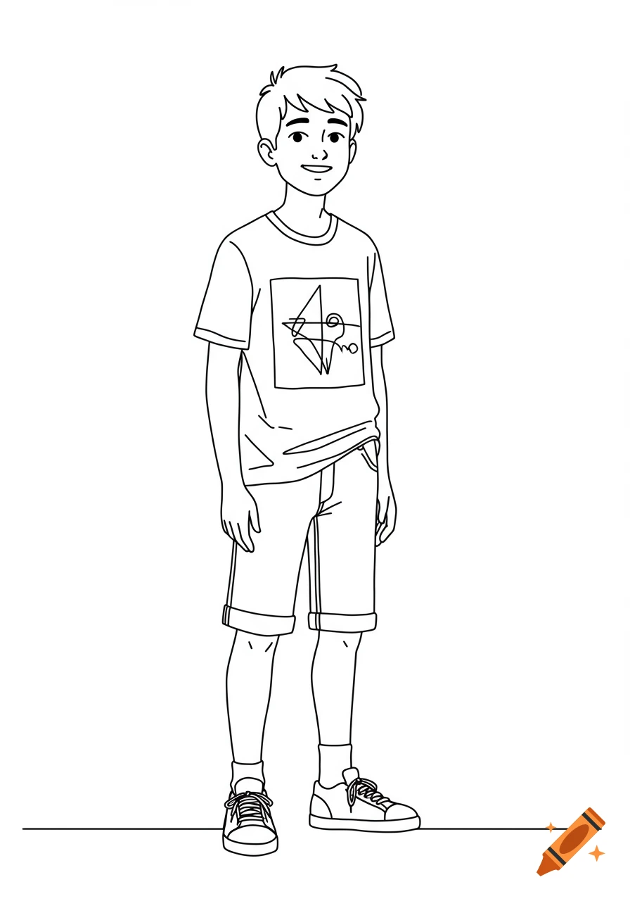A full body line drawing of a smiling boy with short hair, wearing a t-shirt with a square design, jean shorts, and sneakers.