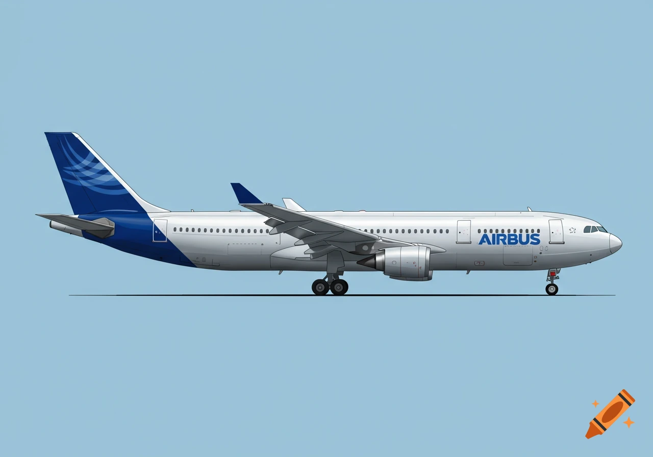 Illustration of a white and blue Airbus A300 passenger airplane in side profile against a light blue background.