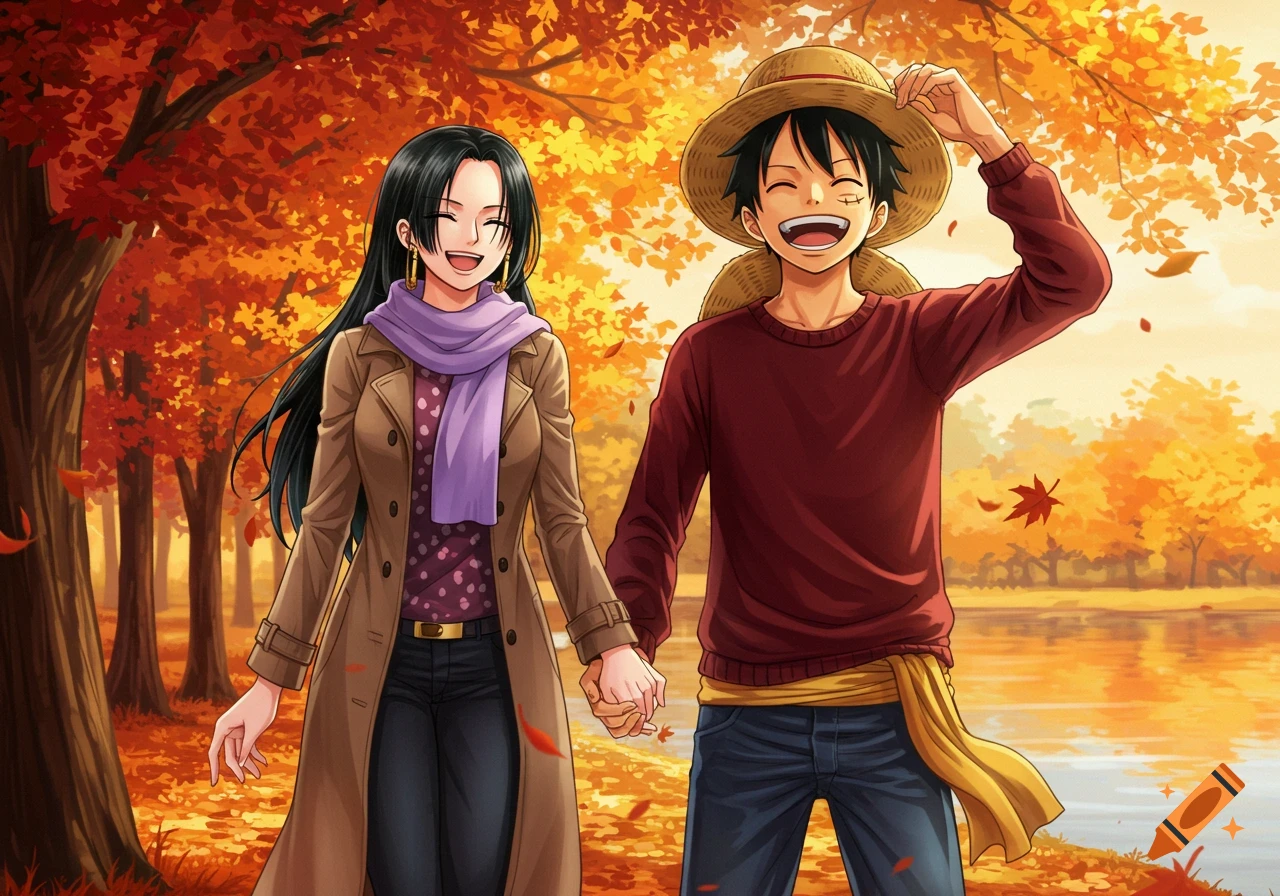 Anime characters Hancock and Luffy from One Piece hold hands and smile in a vibrant autumn park.