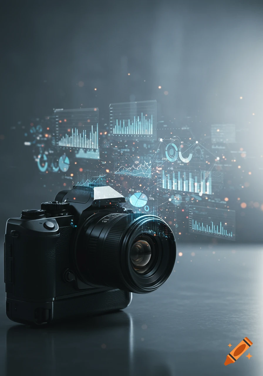 A black DSLR camera on a dark surface, surrounded by glowing blue and orange holographic data visualizations and charts.