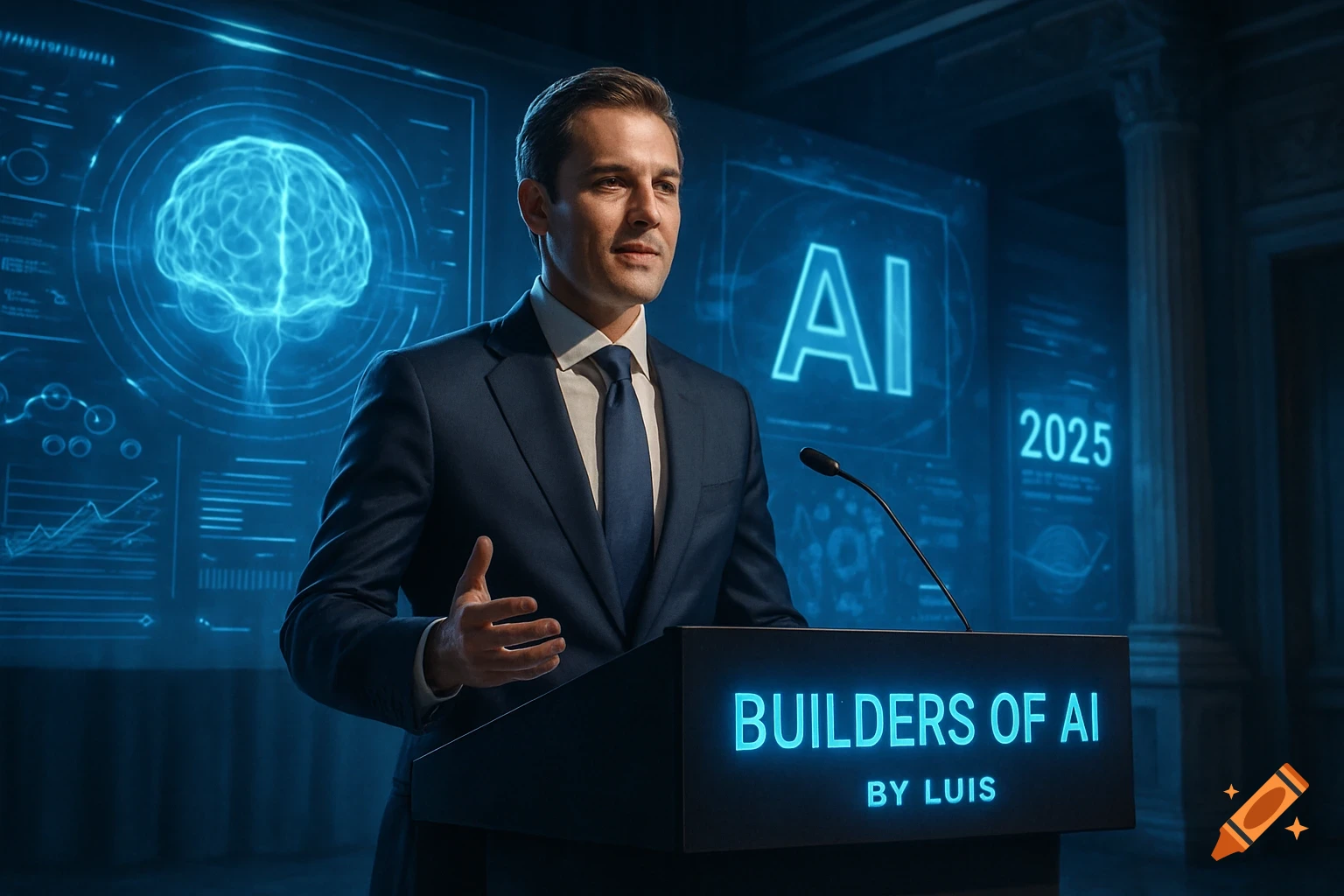 A man in a suit speaks at a podium glowing 'Builders of AI by Luis' in a futuristic auditorium with holographic screens.