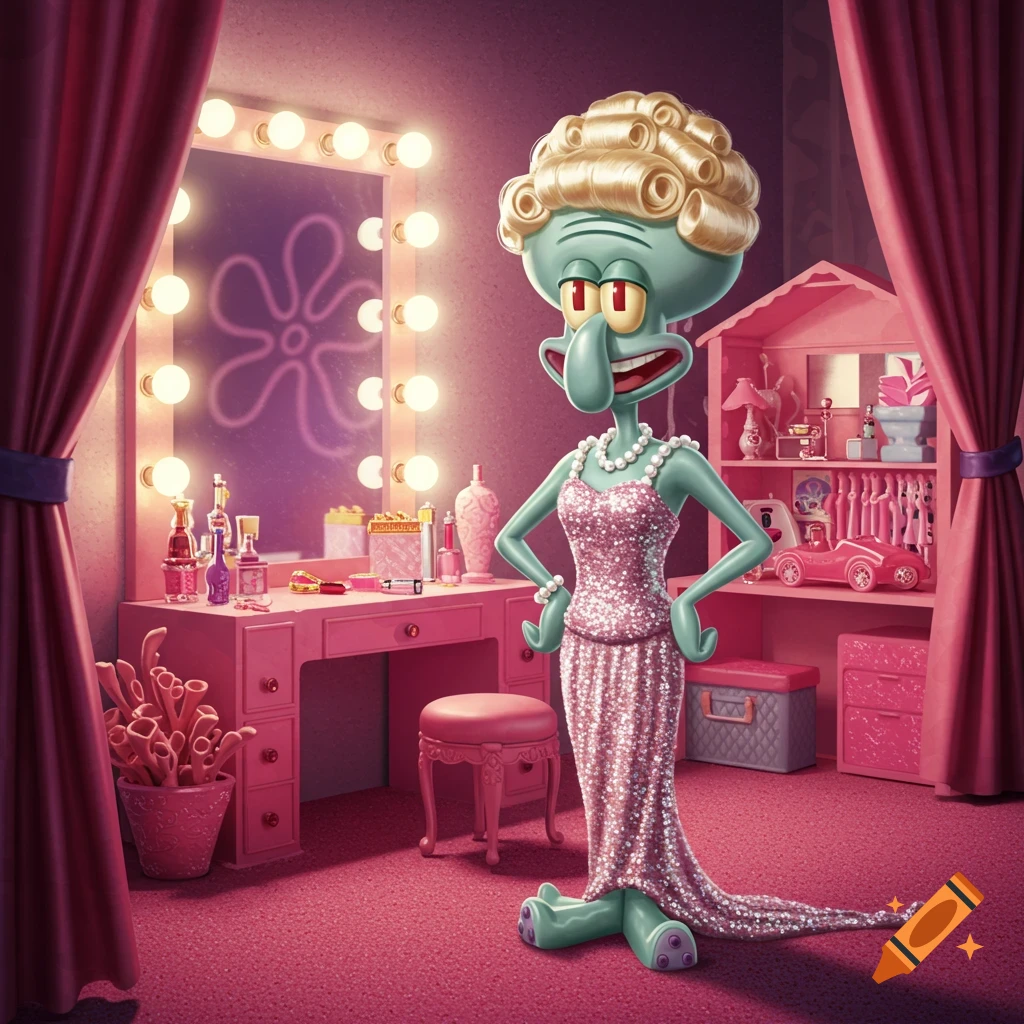 Squidward Tentacles in a pink glitter gown, blonde wig, and pearls in a pink dressing room, in a realistic cartoon style.