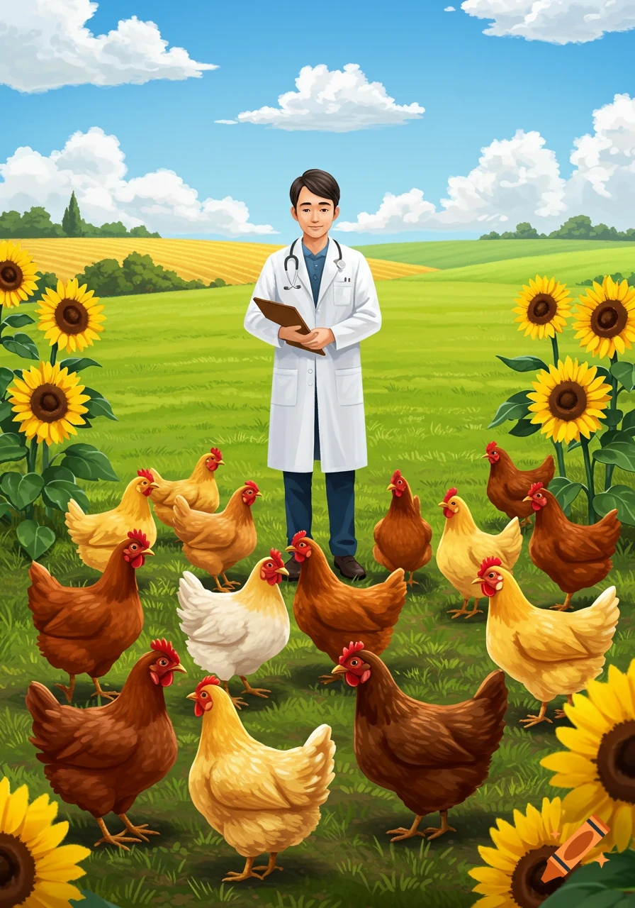 A cartoon veterinarian stands in a sunny green field, surrounded by numerous brown and white chickens and tall yellow sunflowers.