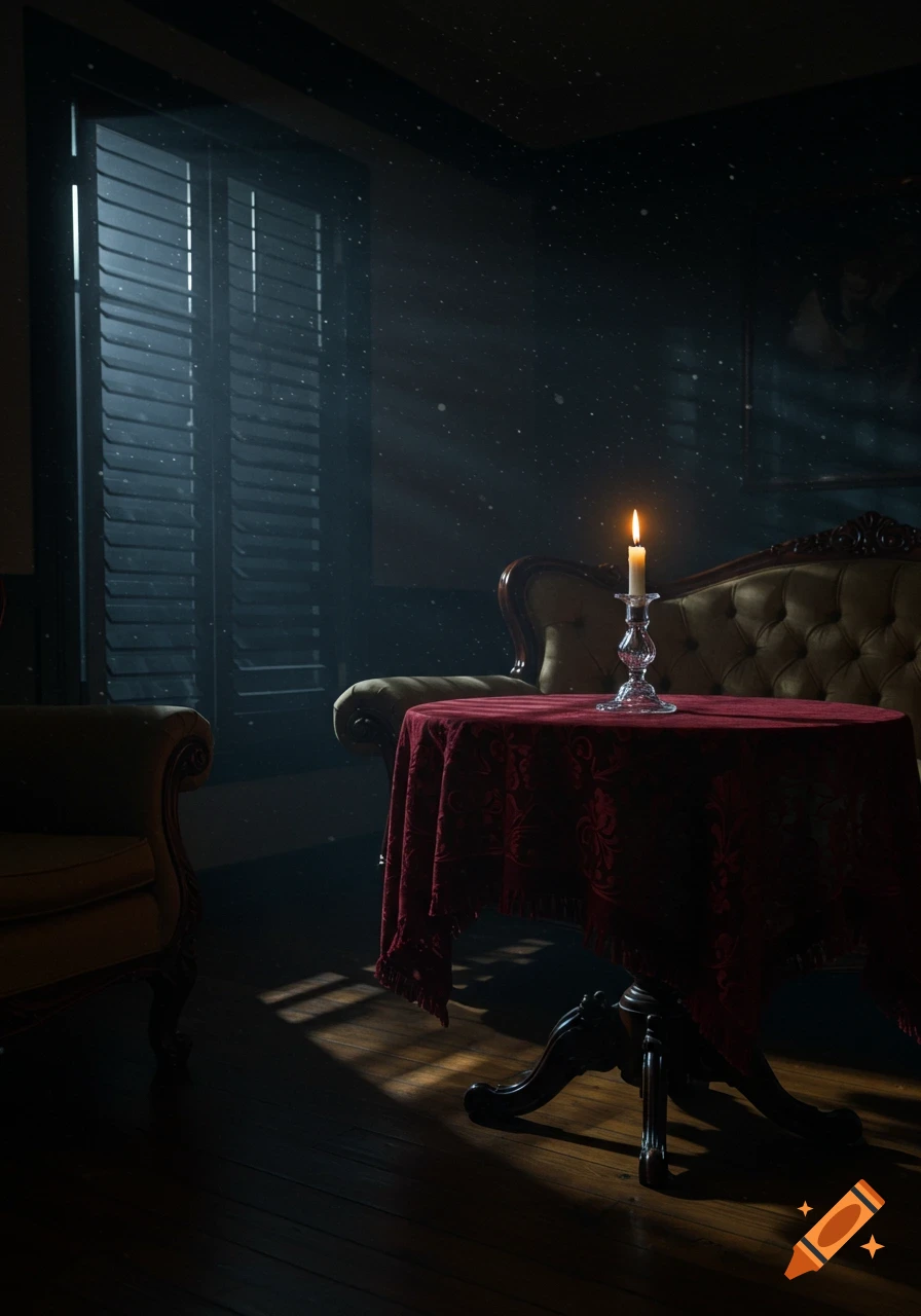 A dark, atmospheric room with a lit candle on a red-draped table, light streaming through window shutters, and vintage furniture.