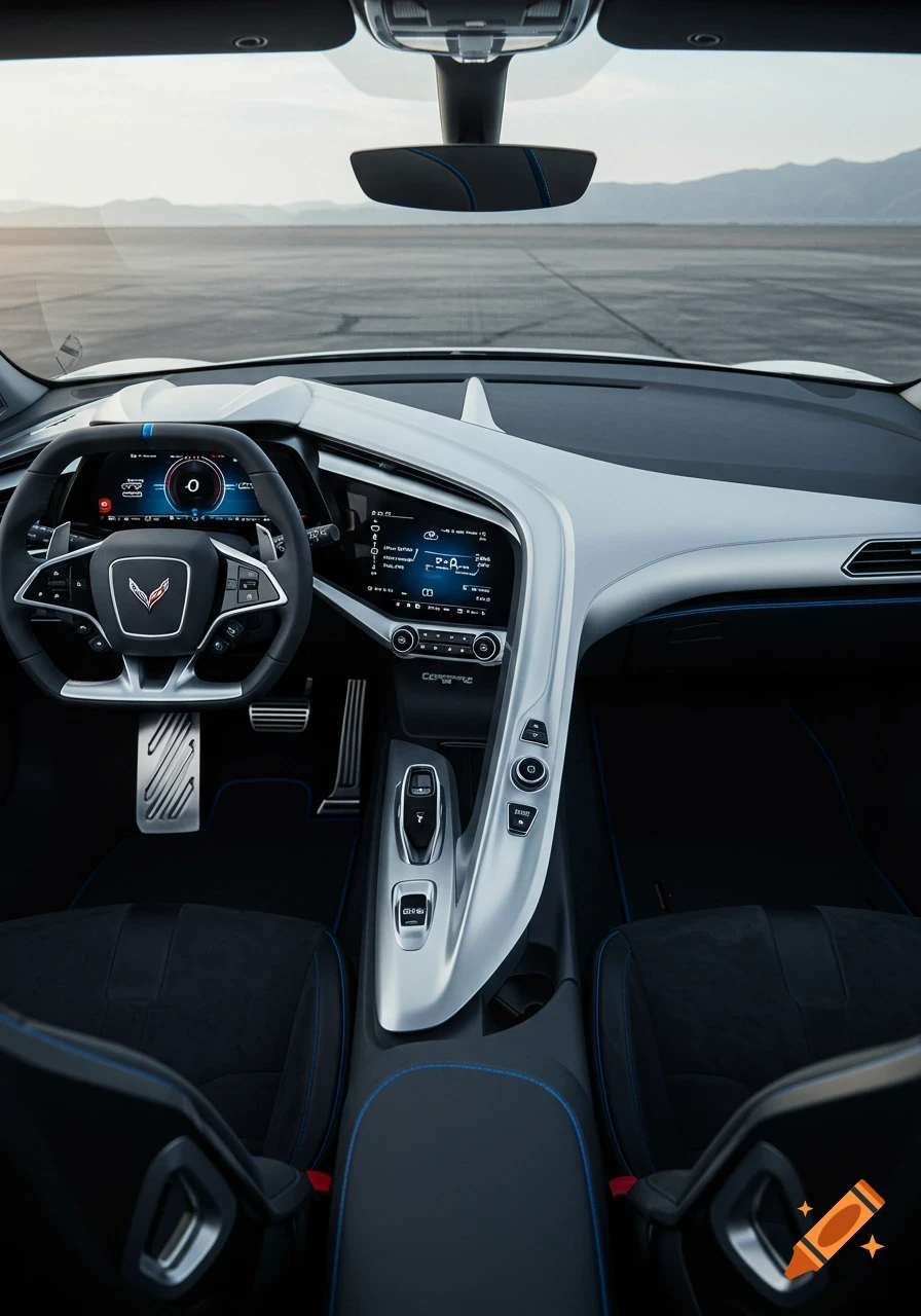 A photorealistic view of a modern concept car interior with a symmetrical minimalist dashboard, central silver spine, and blue accents.