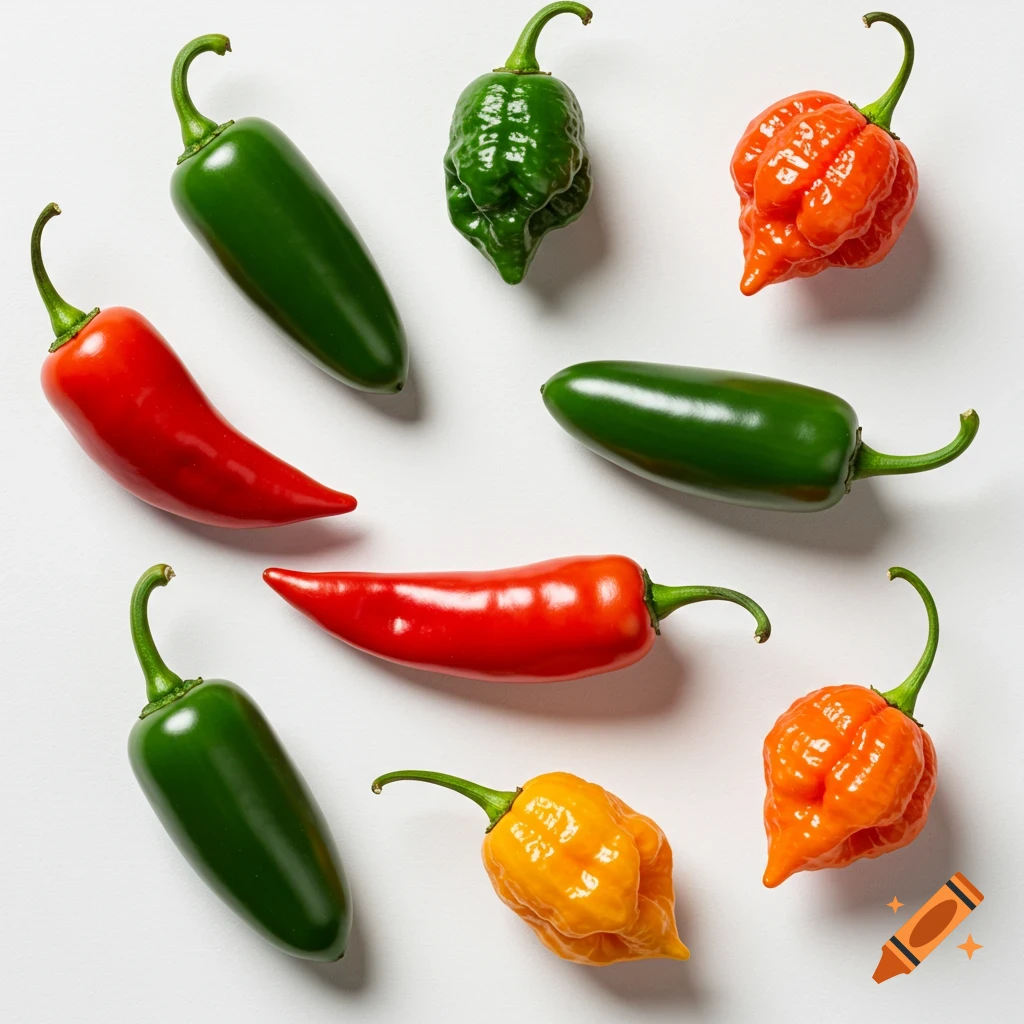 An overhead view of various red, green, and orange hot chili peppers arranged on a white background.