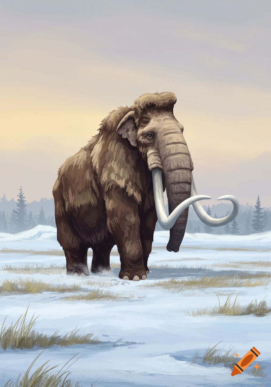 An illustrative depiction of a woolly mammoth standing in a snowy landscape with distant pine trees under a pale sky.