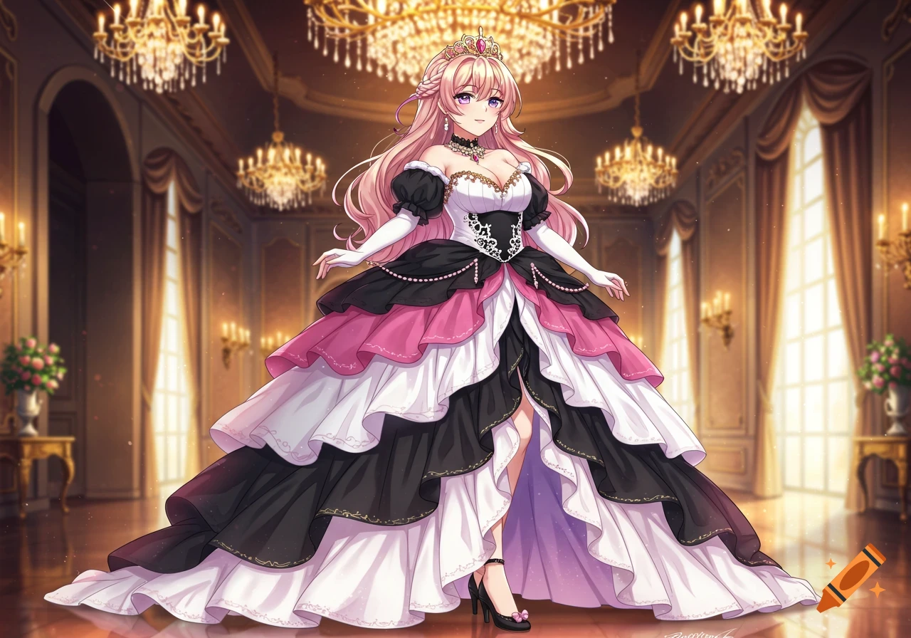 Anime girl in a grand ballroom, wearing a pink, white, and black tiered ball gown with a crown, under sparkling chandeliers.
