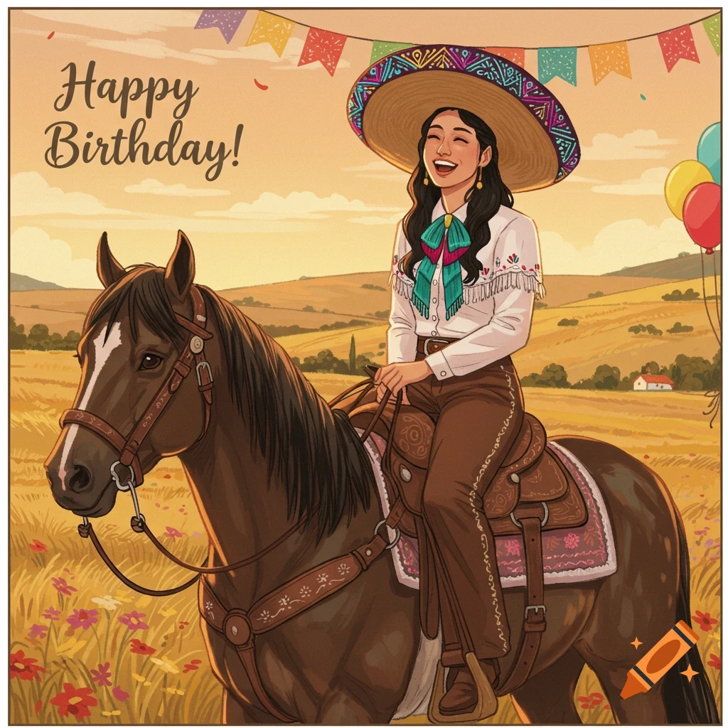 A smiling woman in a sombrero and traditional charra attire rides a horse in a field under a sunset sky, with 'Happy Birthday!' text.