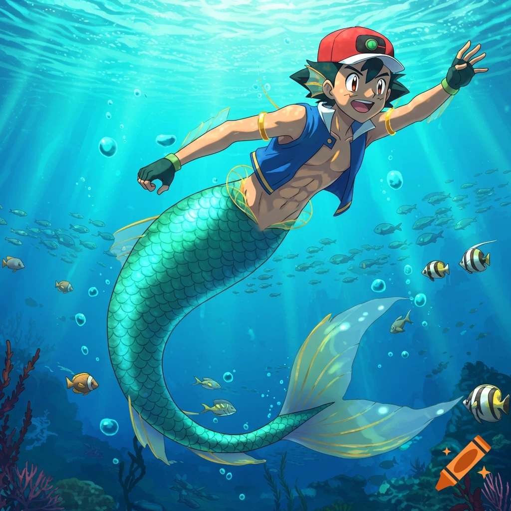 Ash Ketchum as a merman swims gracefully underwater among colorful fish and coral in an anime style.