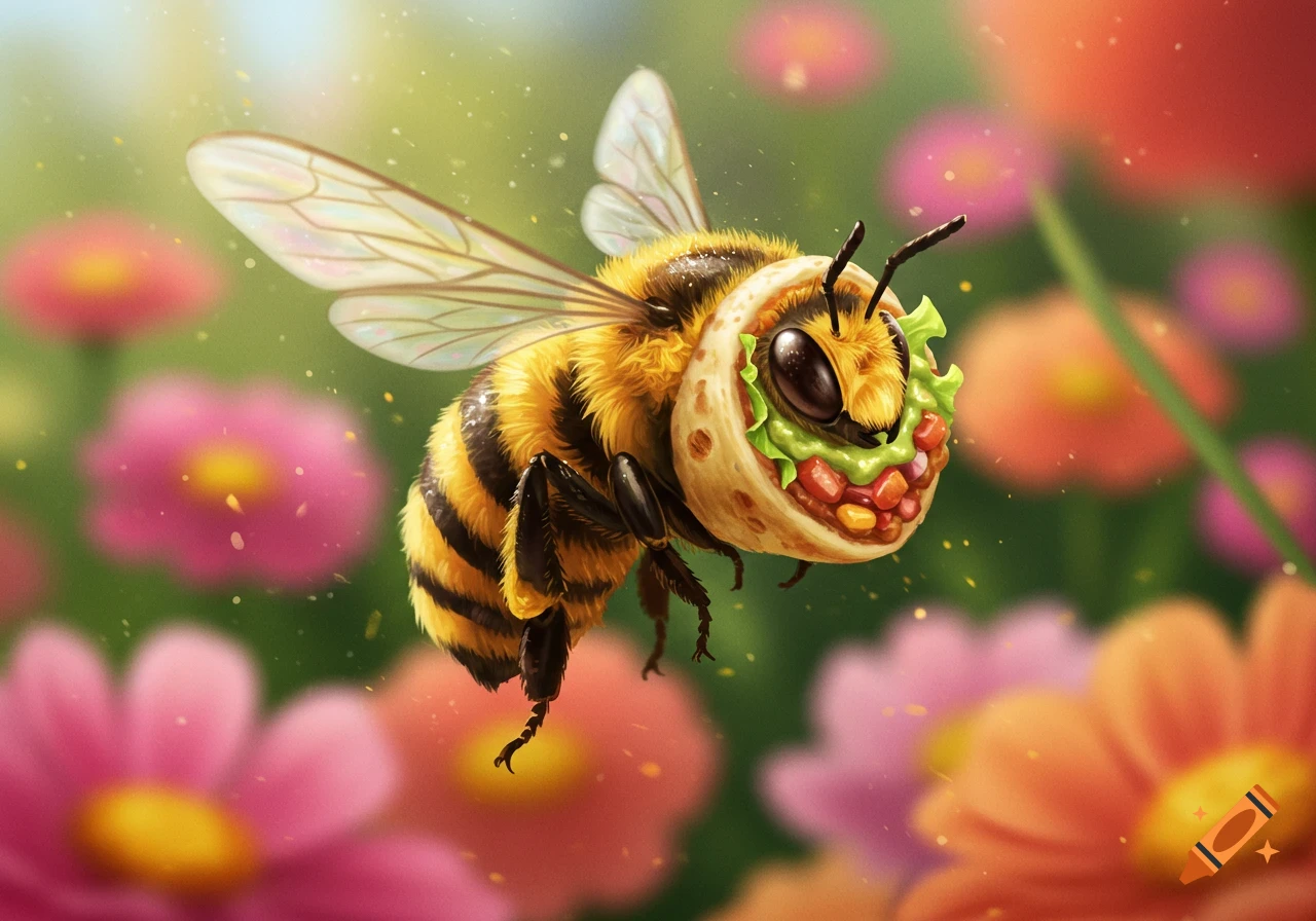 A whimsical illustration of a bee with a taco for a head, flying through a field of colorful, blurred flowers.