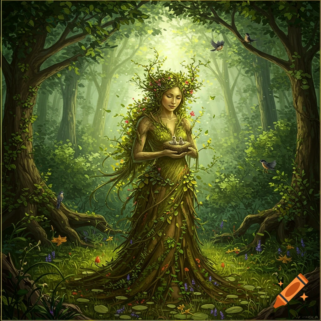 A vibrant digital art painting of a Mother Nature figure, made of trees and foliage, holding a bird's nest in a lush, sunlit forest.