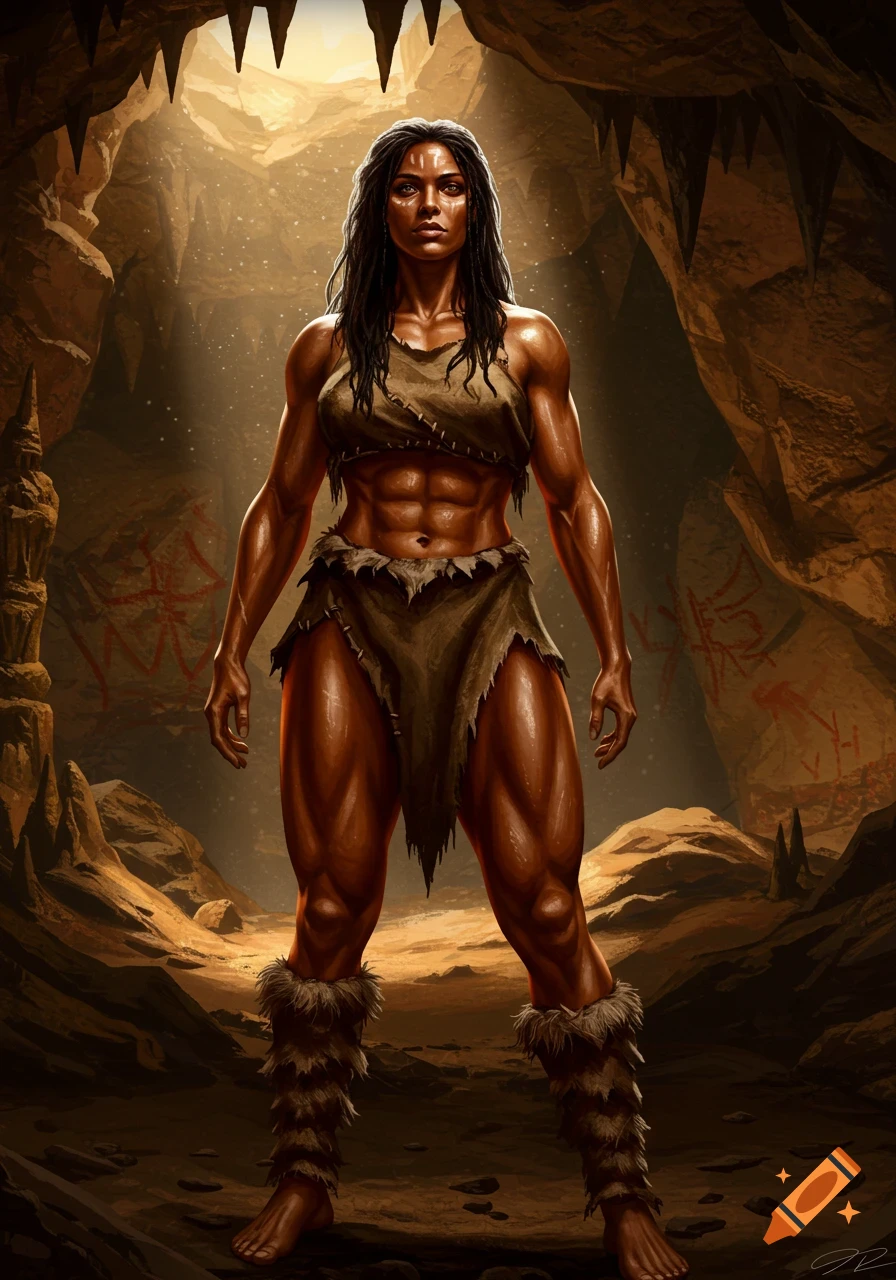 Heavily muscled neolithic woman in primitive attire stands in a sunlit cave with ancient markings, digital art.