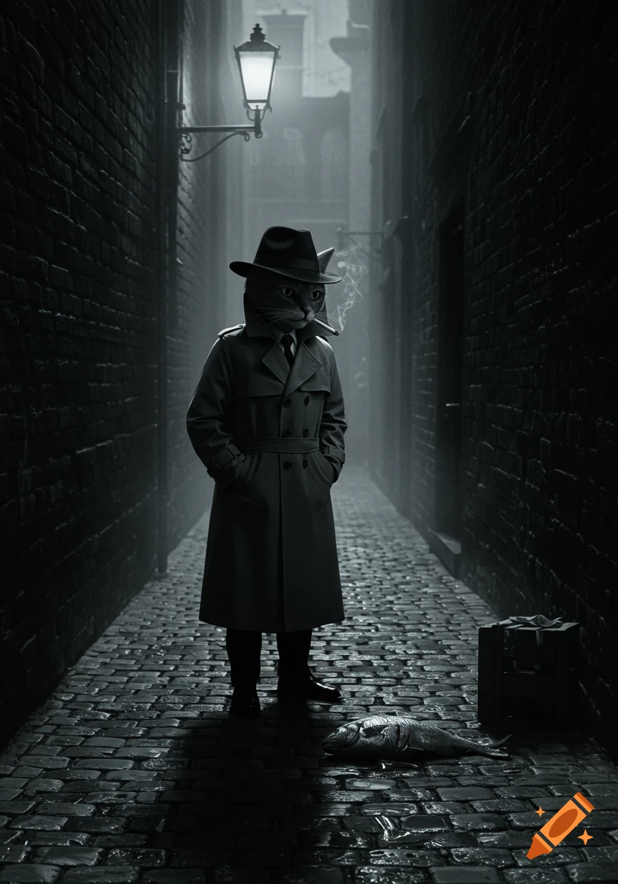 A black and white film noir image of a cat detective in a trench coat and fedora, smoking, standing over a dead fish in a dark, wet alley.