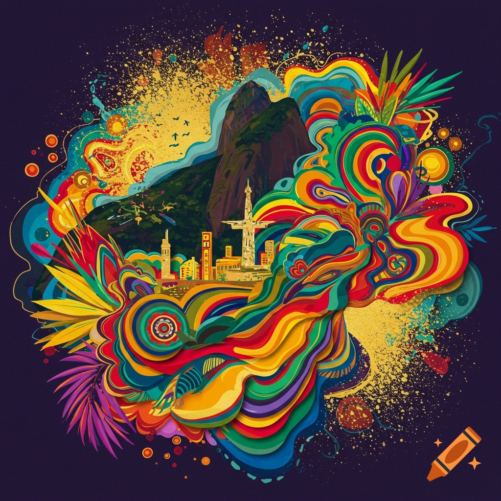 Vibrant, colorful abstract illustration of Brazil with a mountain, city skyline, and tropical foliage on a dark background.