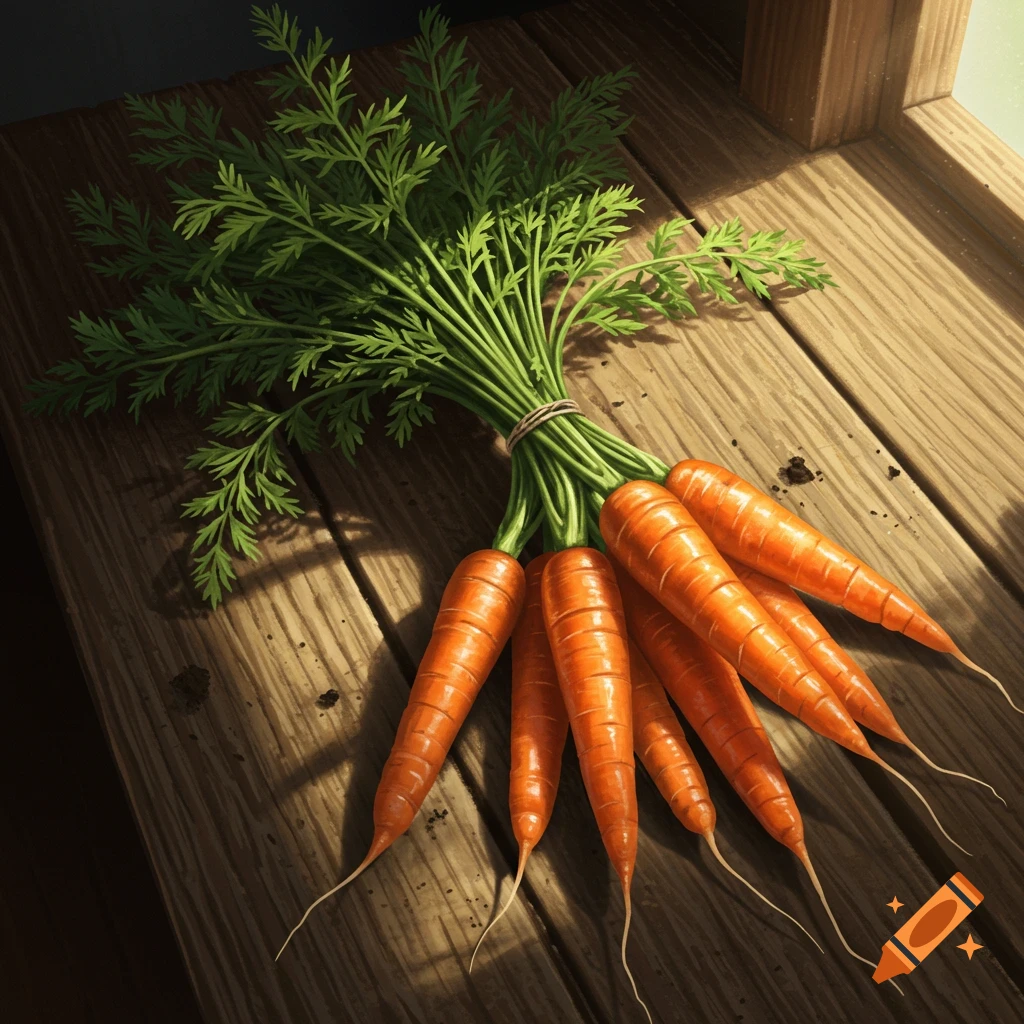 A bundle of fresh carrots with green leafy tops tied together, resting on a rustic wooden table with sunbeams.
