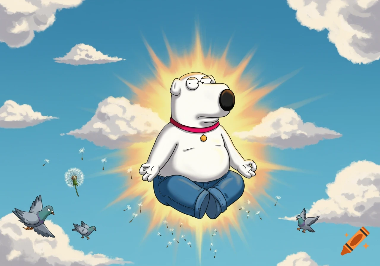 Cartoon of Brian Griffin from Family Guy meditating and floating in a blue sky with clouds, pigeons, and dandelion seeds.