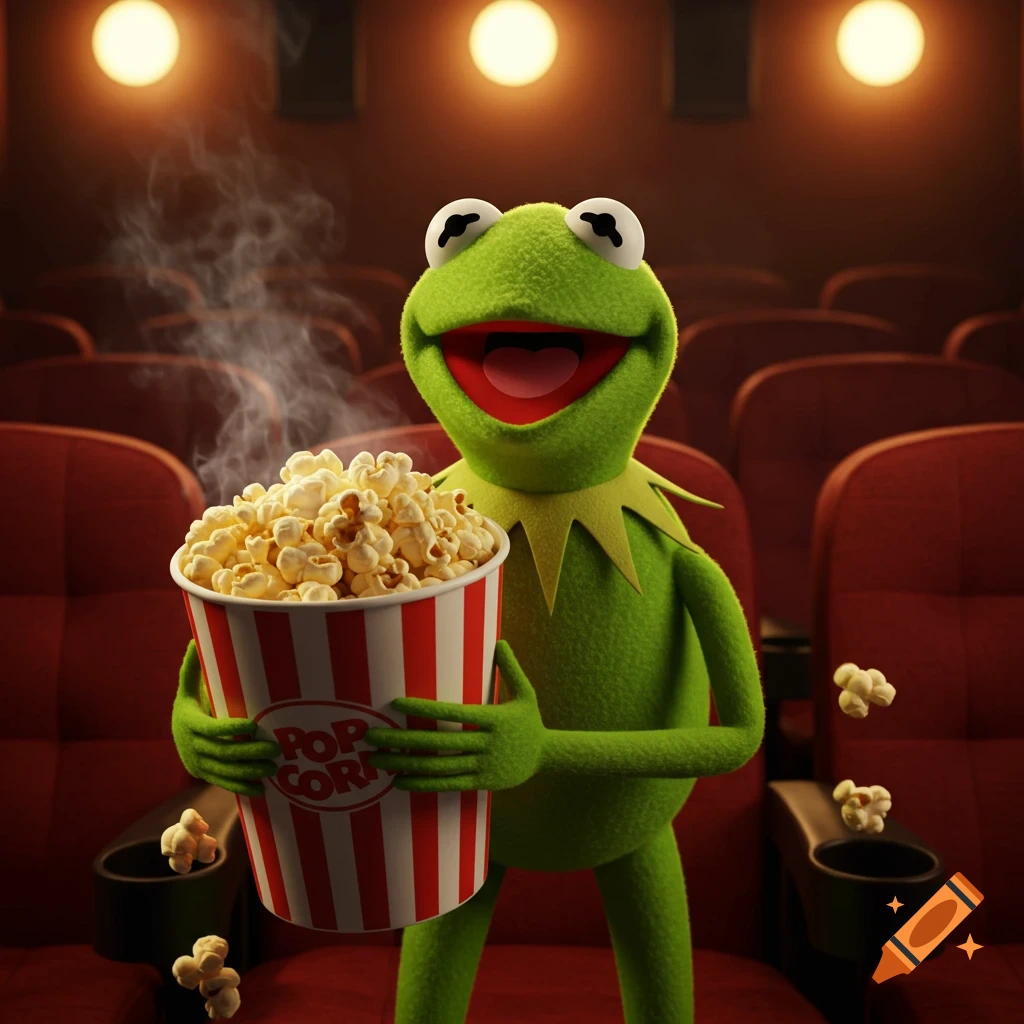 Kermit the Frog smiles broadly, holding a large steaming bucket of popcorn in a dimly lit movie theater with red seats.