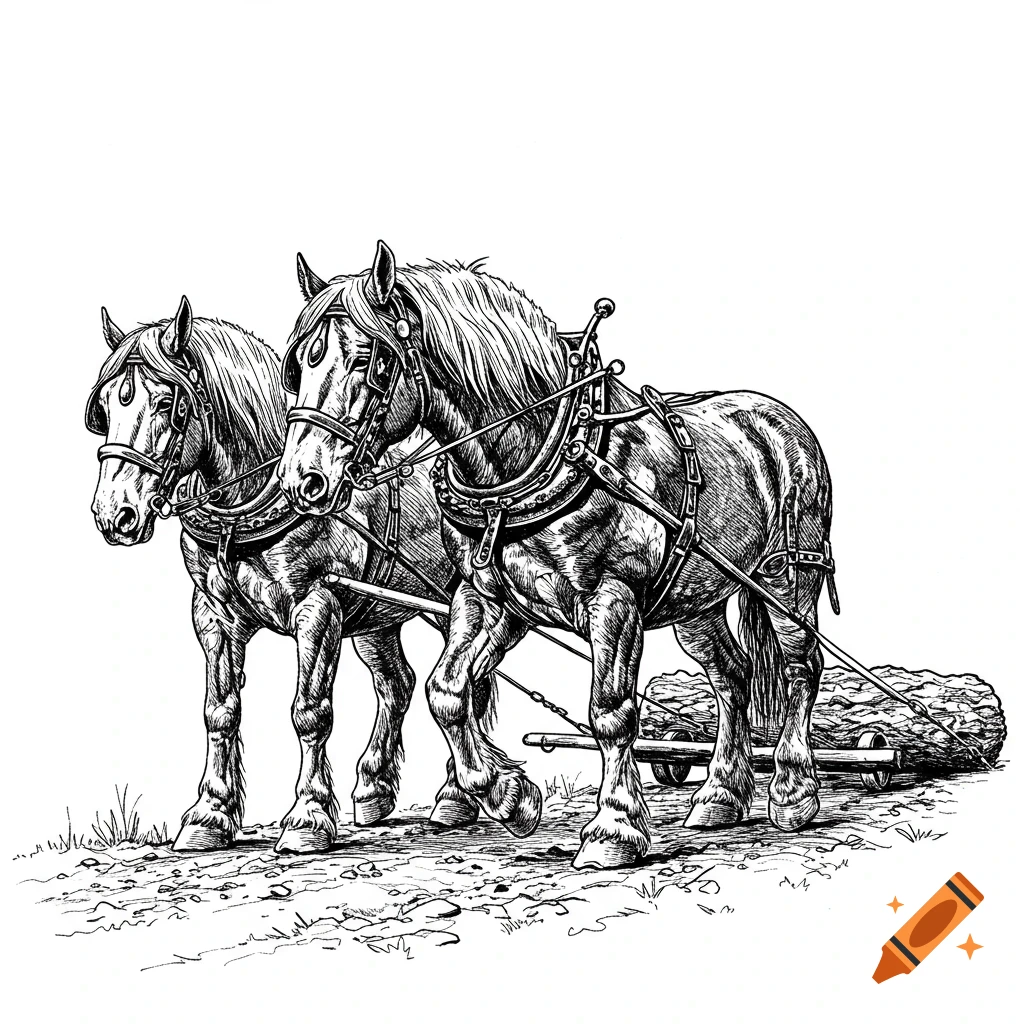 Black and white illustration of two powerful Percheron horses harnessed together, pulling a large log across rough ground.