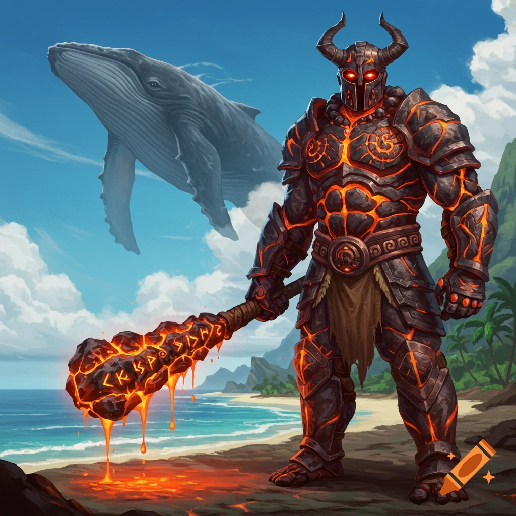 An epic fantasy illustration of a lava warrior on a tropical beach, wielding a fiery mace, with a giant whale flying overhead.