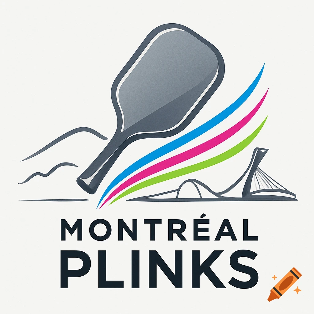 Logo for Montreal Plinks with a pickleball paddle, colorful swooshes, and stylized city landmarks.