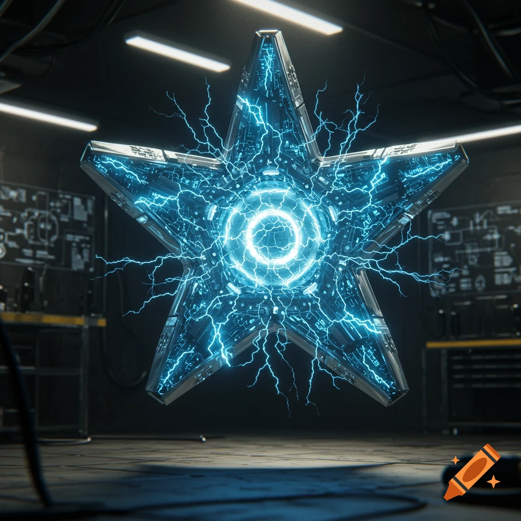 A glowing blue, five-pointed metallic star pulsates with electricity in a dark, futuristic laboratory setting.