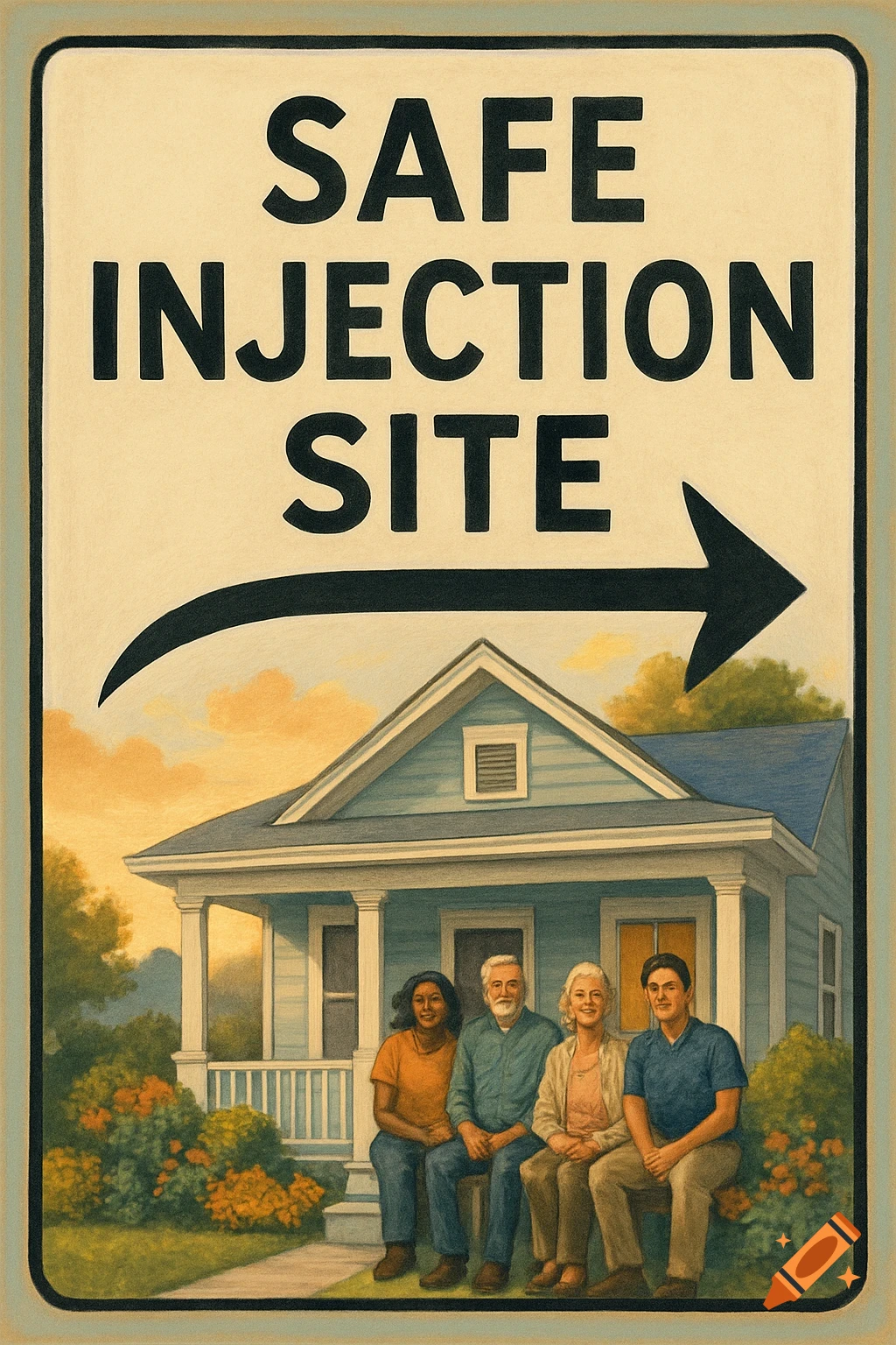 A vintage-style illustration of a sign reading 'SAFE INJECTION SITE' with an arrow pointing to a house where four people sit smiling on the porch.