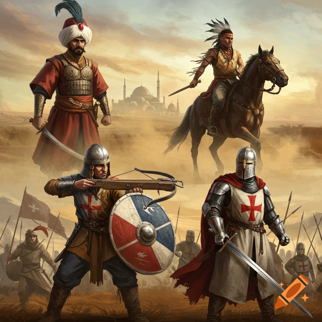 Detailed painting of a Janissary, Navajo raider, crossbowman, and Teutonic knight standing ready for battle in a desert landscape.