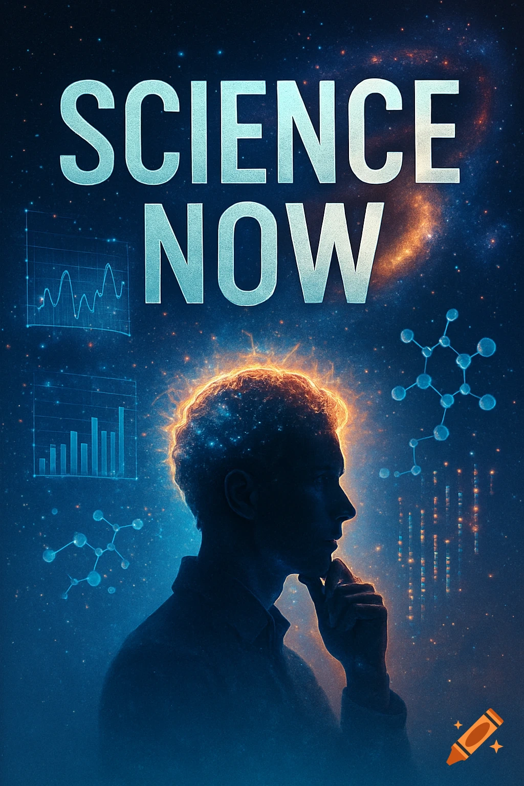 A book cover titled 'SCIENCE NOW' with a thoughtful person's silhouette against a starry cosmos, featuring scientific graphs and molecules.