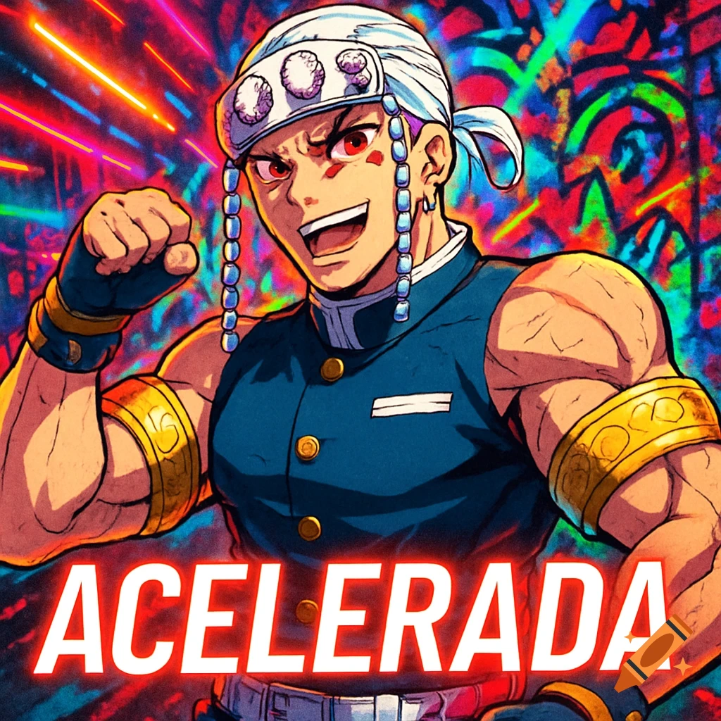 Anime-style Tengen Uzui, a muscular man with white hair and red eyes, smiles confidently against a vibrant, abstract background. Text reads 'ACELERADA'.