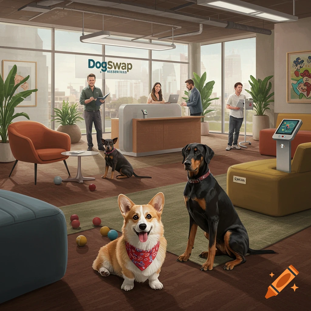 Photorealistic image of dogs and people in a modern office with a 'DogSwap' sign on a banner and a Corgi in the foreground.