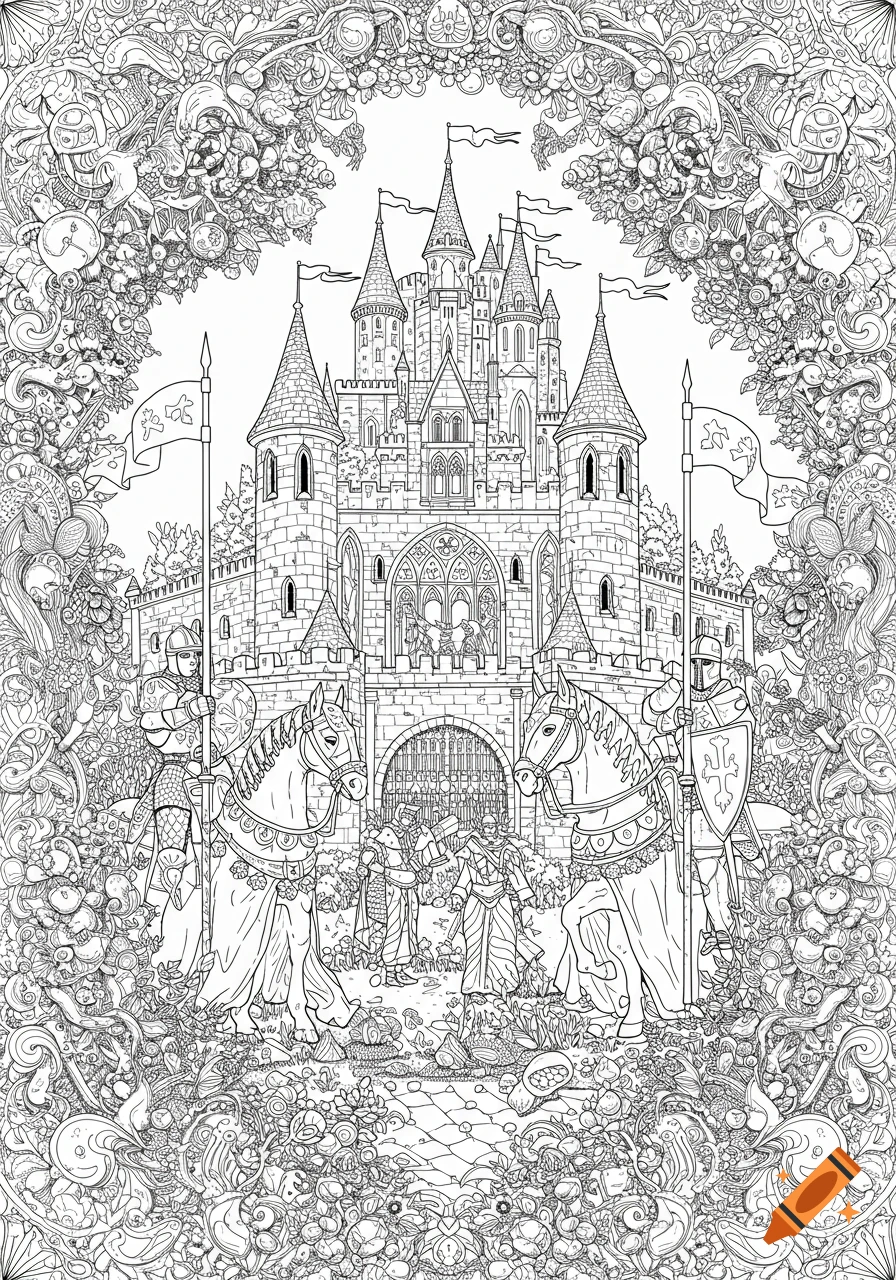 Detailed black and white line art coloring page of a medieval castle with knights on horseback at its entrance.