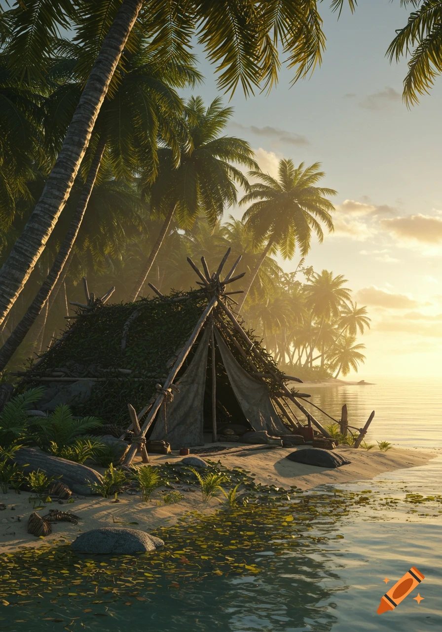 Photorealistic image of a primitive tent on a sandy tropical beach at sunset, surrounded by palm trees and calm water.