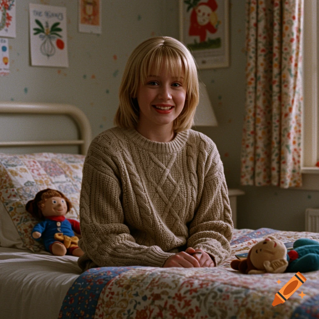 A smiling young girl with blonde hair sits on a bed in a cozy bedroom with patterned bedding and wall art.