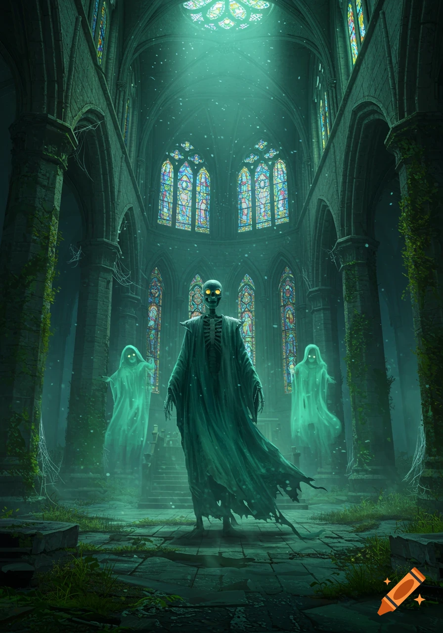 A skeleton in a tattered cloak stands in a ruined gothic cathedral with stained glass windows, flanked by two glowing green ghosts.