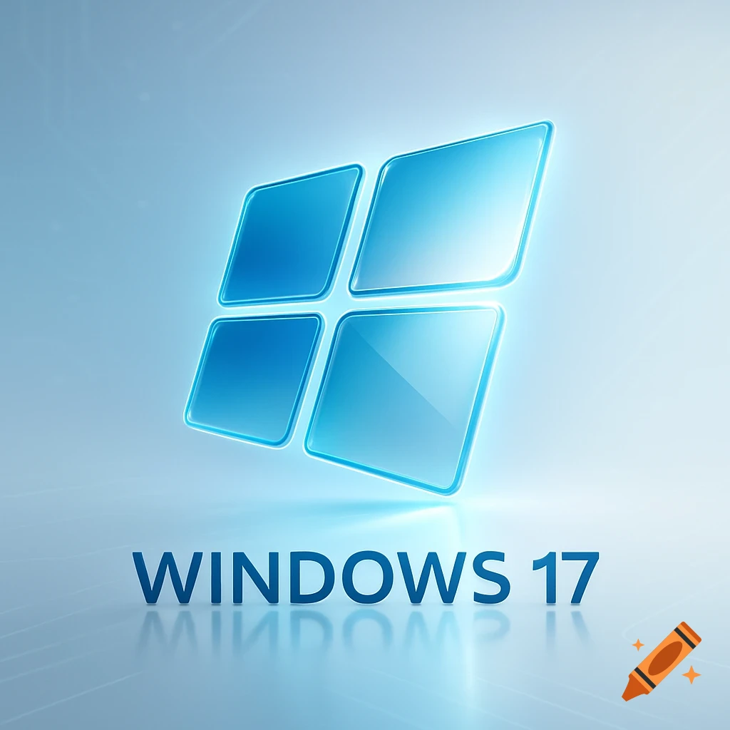 A shiny blue four-pane Windows-style logo with 'WINDOWS 17' text and reflection on a light blue background.