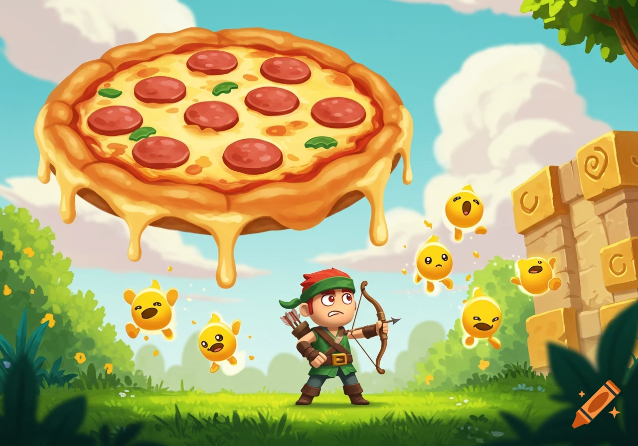 A cartoon archer aims a bow at yellow blob creatures under a giant floating pepperoni pizza in a vibrant green landscape.