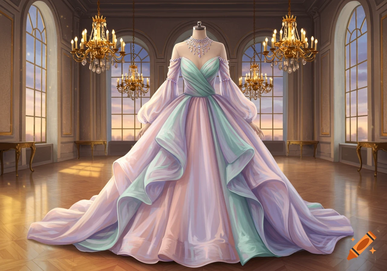 A pastel pink, purple, and mint green ball gown on a mannequin in a grand ballroom with chandeliers and large arched windows.