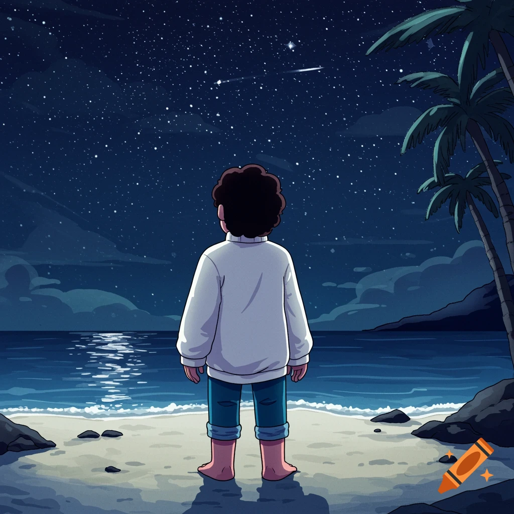 Steven Universe in a white sweater stands on a moonlit beach at night, looking at a starry sky. Cartoon style.