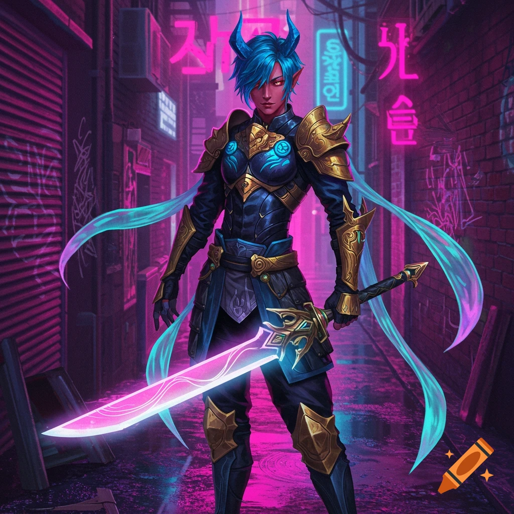 A blue-haired, horned demon warrior in golden and dark armor stands in a neon-lit cyberpunk alley, holding a glowing pink sword. Digital art.